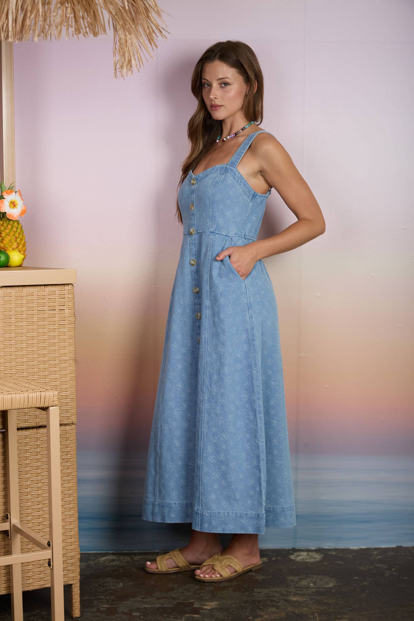 blu pepper floral midi dress - Denim Jacquard Sweetheart allprodfeb25 Tiger mist blue JULIANNA Size:31Wx32L Sweet heart neckline