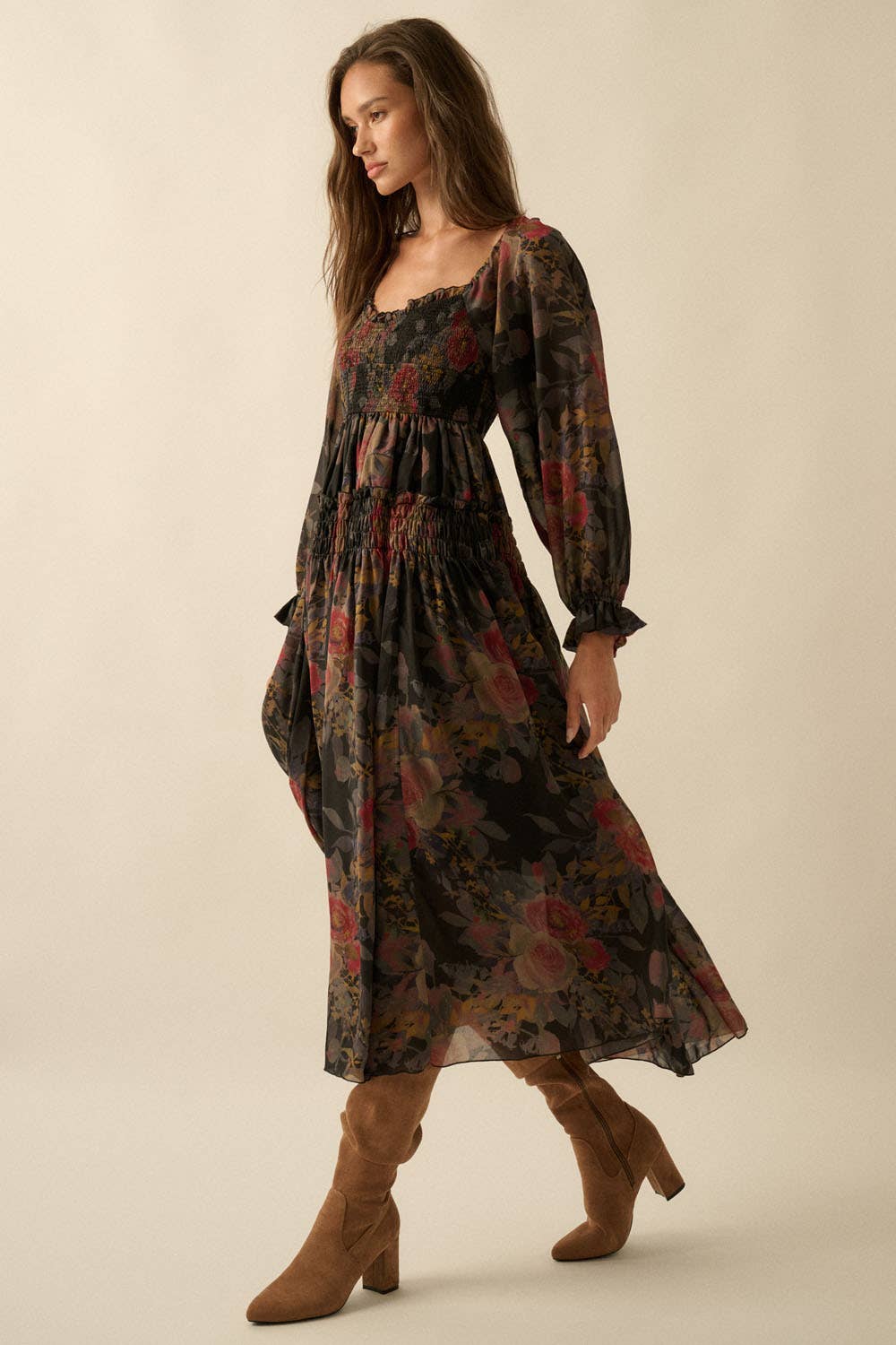 Promesa - Floral-print Smocked Bubble Sleeve Maxi Dress - Black (M, Black) Promesa - Floral-print Smocked Bubble Sleeve Maxi Dress - Black (M, Black)