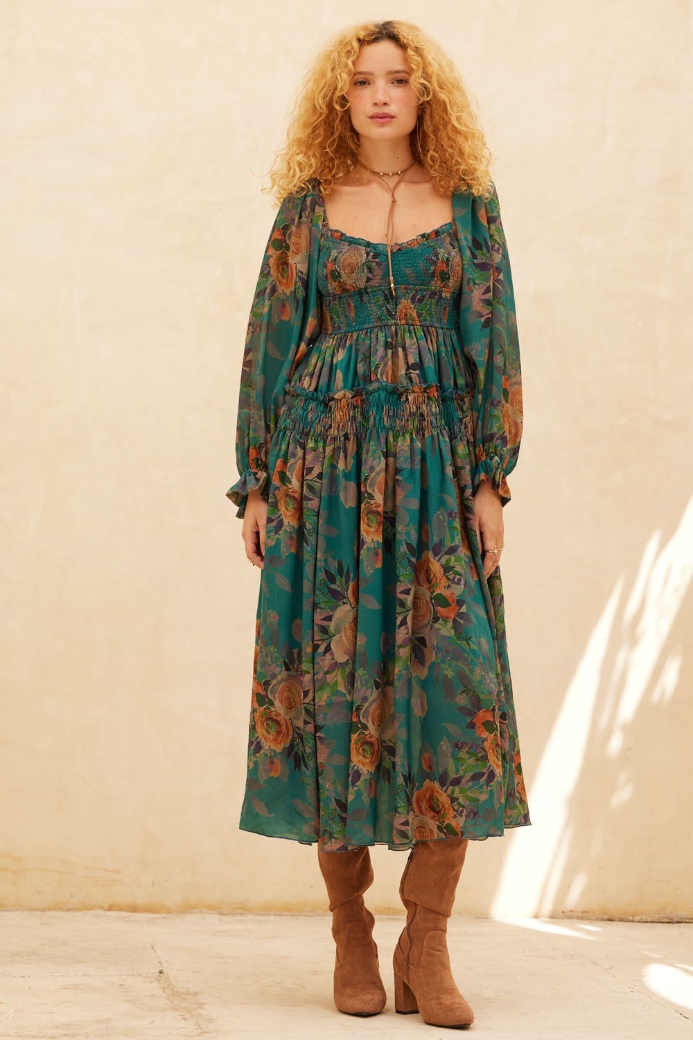 Promesa - Floral-print Smocked Bubble Sleeve Maxi Dress - (S, Pine Green)